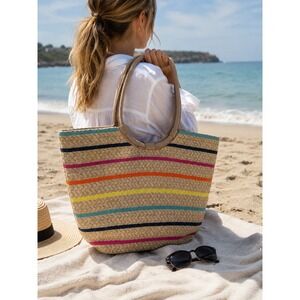 America & Beyond Striped Woven Jute Tote Bag Beige Multicolor Beach Summer Boho